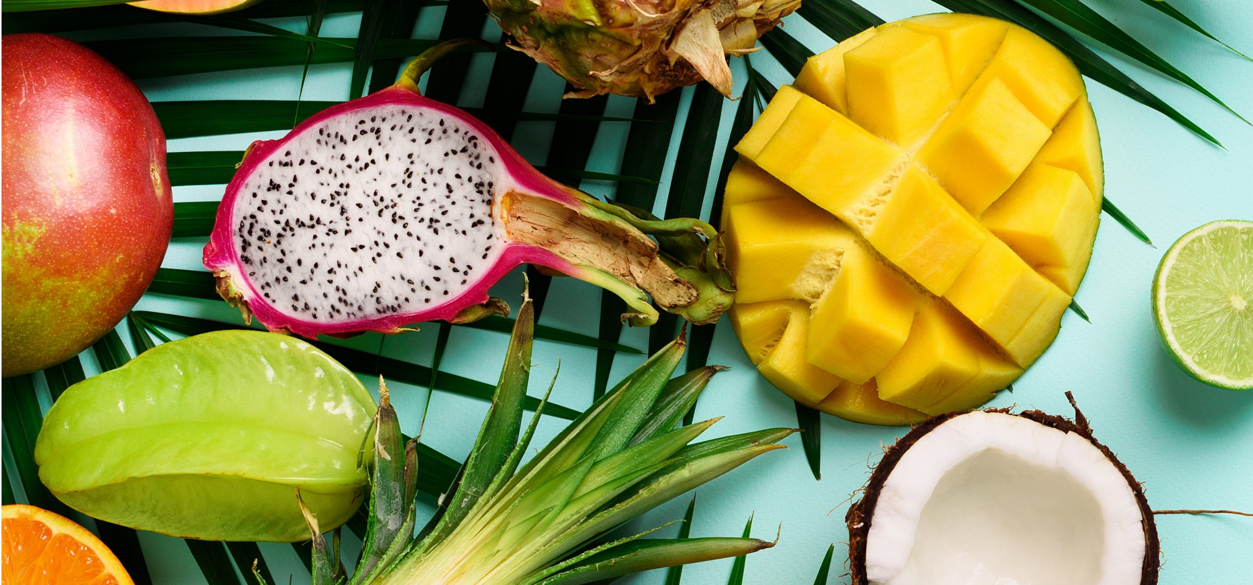 image of mango, coconut, pineapple, lime, orange on top of fern leaves